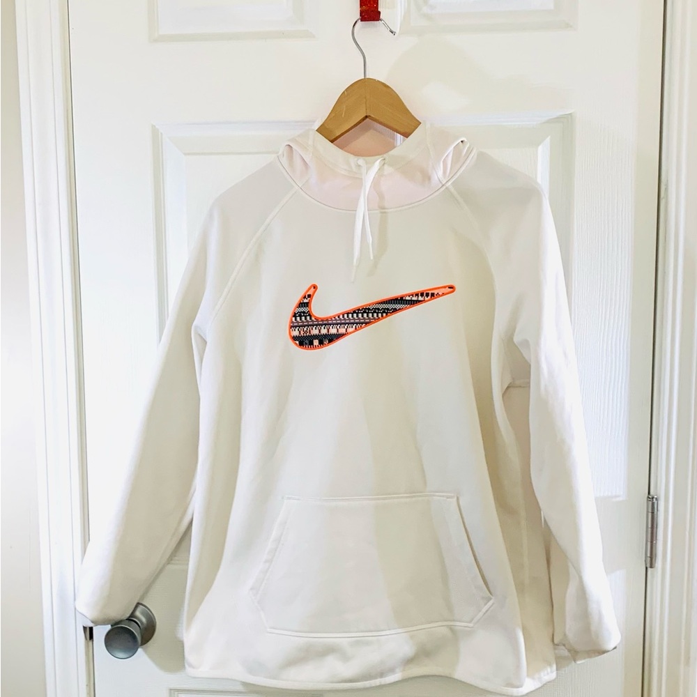 Nike Unisex White Hoodie with Swoosh Orange Black & White Logo Logo Pocket Sz L